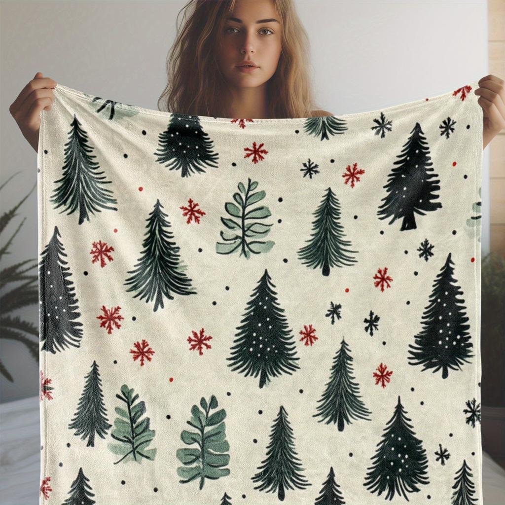 Vintage Christmas Tree and Snowflake Print Flannel Throw Blanket, Soft Cozy Warm Knitted Polyester Bedding for Sofa Bed Couch Ca