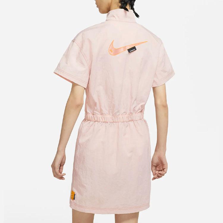 Nike Solid Color Cinched Waist Stand Collar Short Sleeve Dress Women Dress Pink DM6198-601