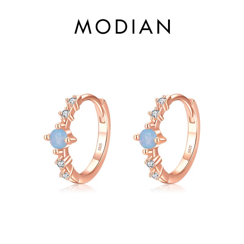 Modian Fashion 925 Silver Blue Round Opal Charm Female Ear Buckle For Women Fine Jewelry Hypoallergenic Hoop Earrings