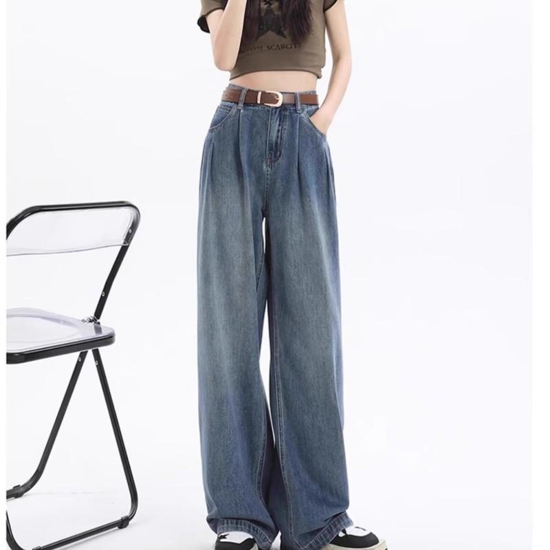 Women High Waist Pleated Wide Leg Jeans Lazy Draped Straight Floor-Length Denim Trousers Fashion Loose Long Pants