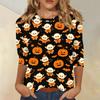 Women’s Casual Three Quarter Sleeve Halloween Print Crew Neck Top with Relaxed Fit for Seasonal Wear and Everyday Outfits