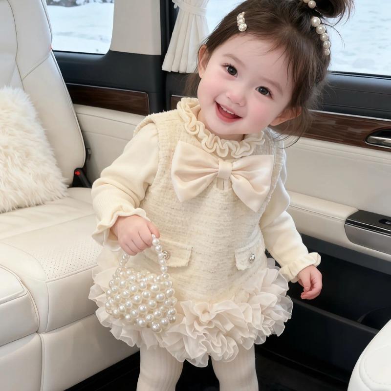 Little Girls Tweed Style Fleece Lined Princess Sleeveless Kids Party Dress