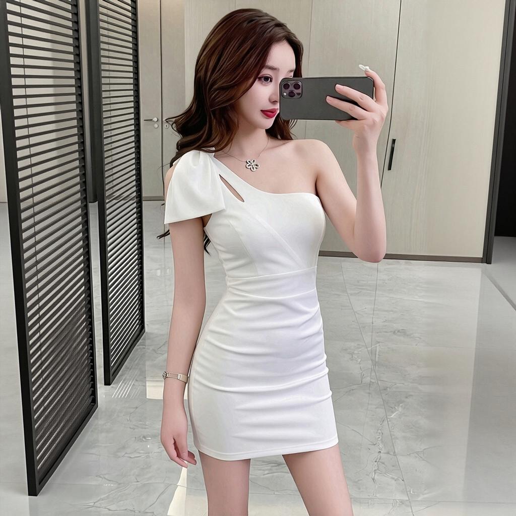 Slant shoulder bow hip skirt black hollow summer off-the-shoulder slim skirt banquet party slim skirt