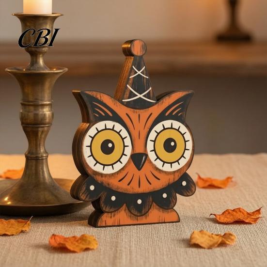 Durable Wooden Party Ornaments Halloween Vintage Ornaments, Cute Bat/Black Cat/Owl/Pumpkin/Ghost/Skull Decorations, Retro Indoor Room Decor Distressed