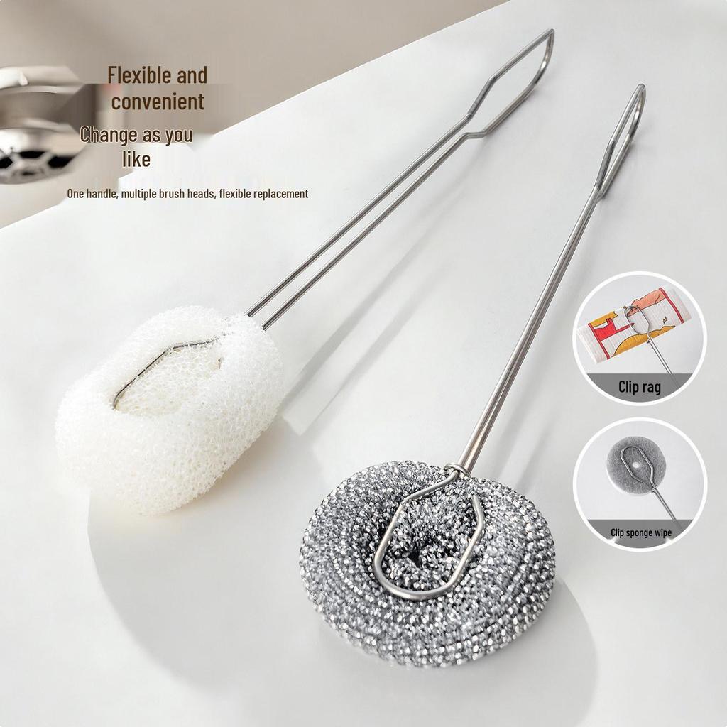 Long-handled Stainless Steel Cup Brush - Sponge Cleaning Brush for Tea Stains & Milk Bottles