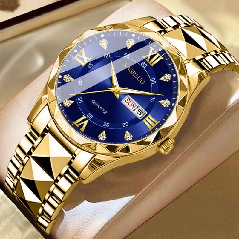KASRLUO Uhr Herren Doppeltes Datum Rhombus Gehäuse Leuchtend Wasserdicht Mode Premium Quarz Uhr