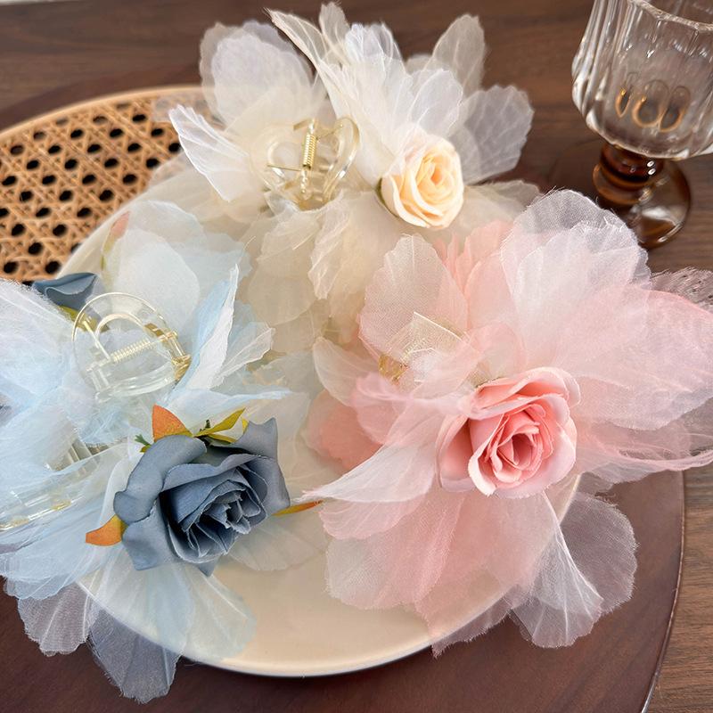 Super Fairy Flower Grab Clip New Mesh Rose Shark Clip Temperament Everything Hair Clip Headpiece