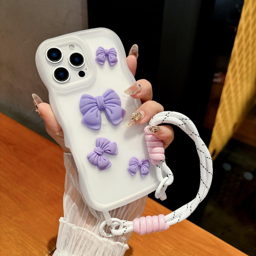 For IPhone 16 Phone Case All Inclusive Bow Tie 15 Promax for Apple 14 One-piece Lanyard Hole Large Wave Case