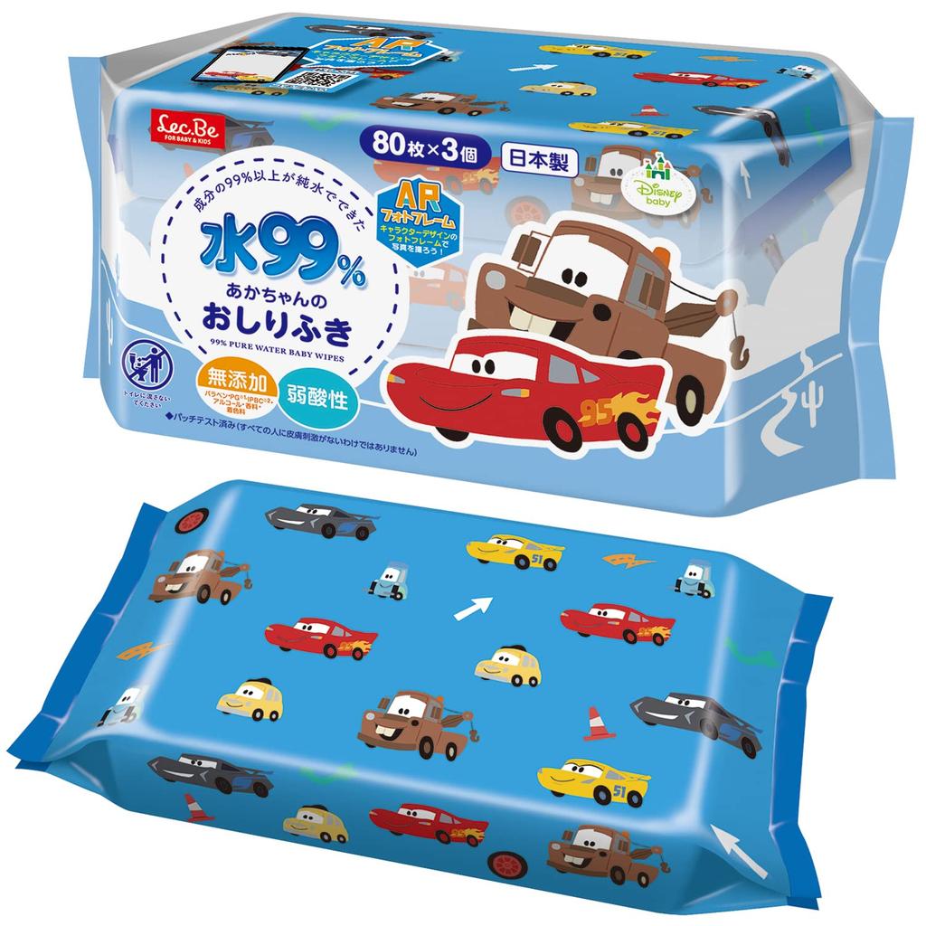 LEC Disney Pure Water Baby Soft 80 Wipes X 3 Packs Mildly Made In Japan 99% Wipes, Type, (Cars), Additive-Free, Acidic,
