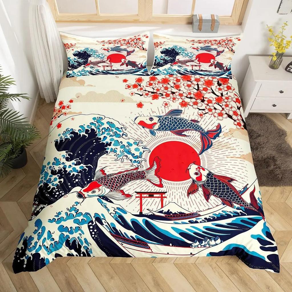3D Japanese Wave Print Duvet Cover Set, Soft Microfiber Vintage Ukiyo-e Bedding Set With Pillowcases