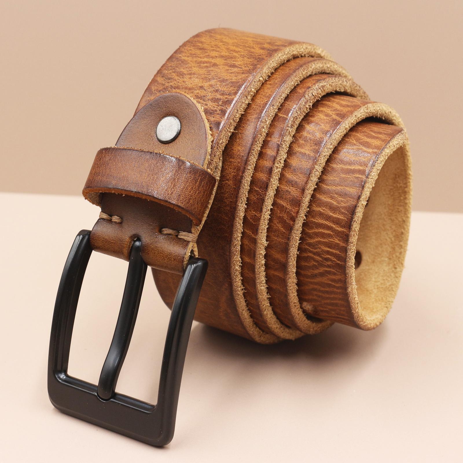 

Персонализированный ремень из кожи первого слоя с пряжкой-пином, черная пряжка, мужской ремень, мужской модный легкий ретро-ремень из чистой коровьей кожи 105cm