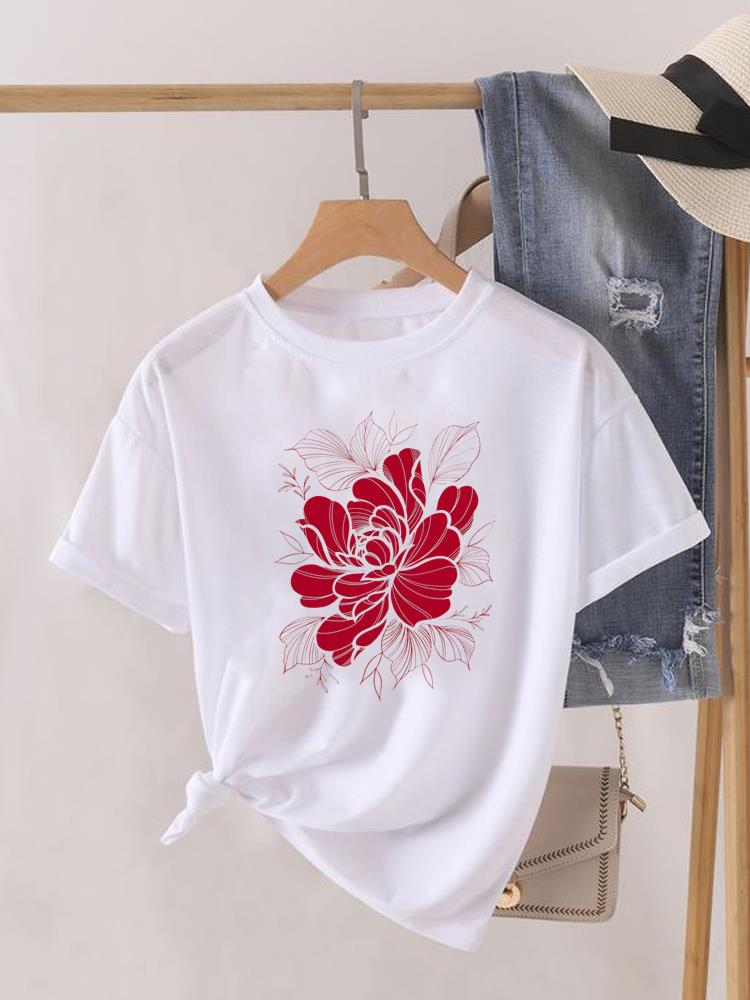 (Asian Size) 90s Flower Cute Clothing Lady O-neck Short Sleeve T-shirts Printed Female Top Casual T Shirt Fashion Women Graphic Tee