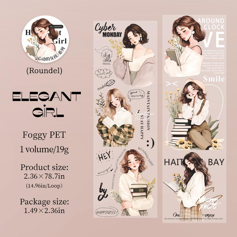 

60mm*2m/Roll PET Tape Cute Literary INS Style Girl Character Handbook Journal Masking Tape Sticker DIY Stationery Scrapbooking