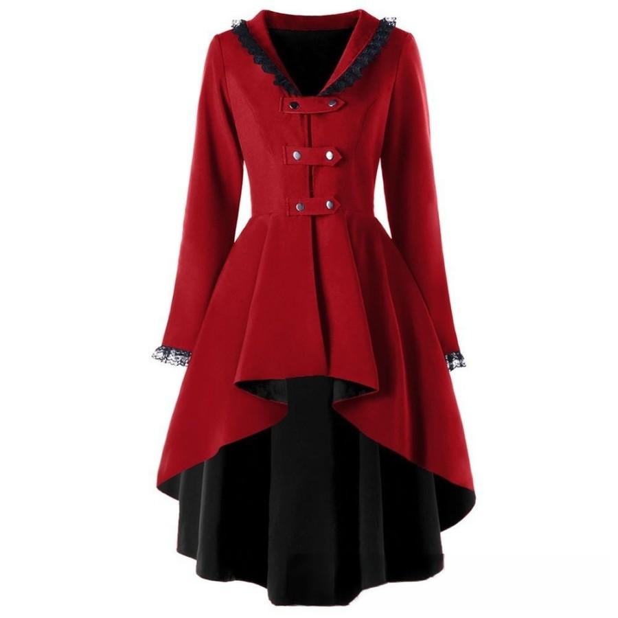 Giacca Trench da Donna Vintage in Pizzo Patchwork con Fasciatura Gotico Vintage Medio-Lunga Casual Slim Manica Lunga Design Coda di Rondine Capispalla