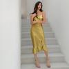 Yaoting solid color ice silk temperament suspender nightdress sexy ruffle bottom swing split pajamas loungewear CQ1111