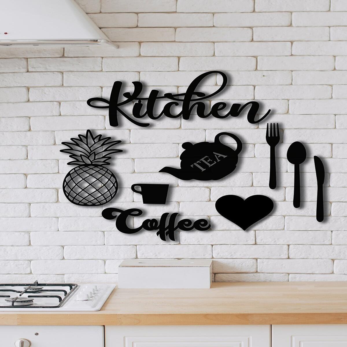 

9 Pieces Kitchen Laser Cut Wooden Wall Decoration Product, Home Accessories, Room Decor, Black and White, With Double-Sided Tape 50x55cm чорний