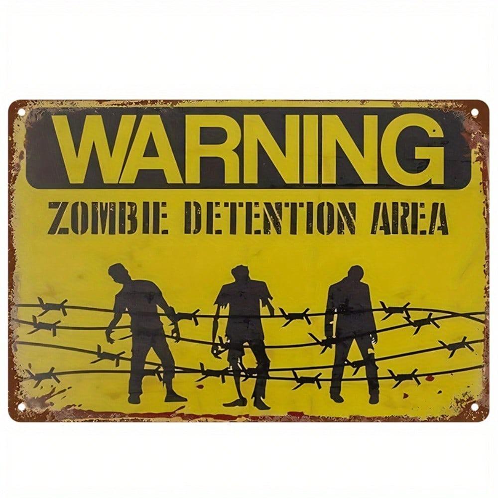 Zombie Jail Warning Vintage Iron Wall Art Black Silhouette Metal Sign