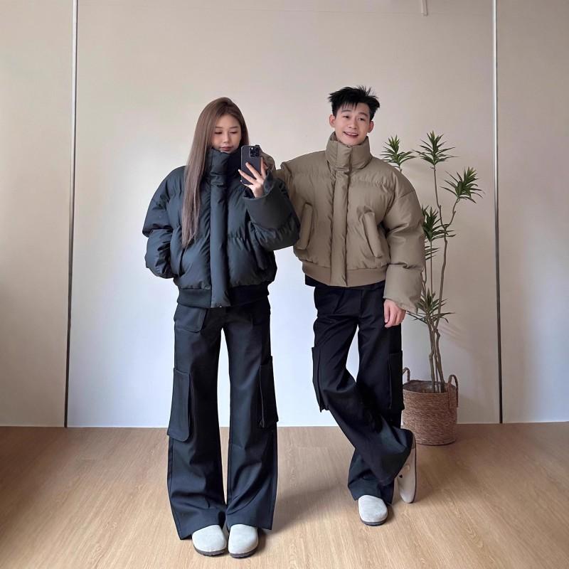 American Vintage Winter PU Puffer Jacket Loose Fit Stand Collar Thick Couples Men Women