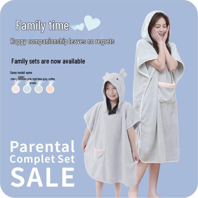 Quick-Dry Coral Fleece Hooded Cloak Bathrobe for Adults and Kids