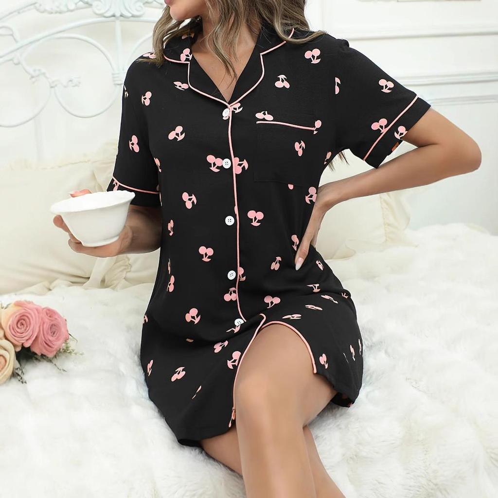 Summer Women's Cute Cherry Print Sexy Pajama Set Nightgown