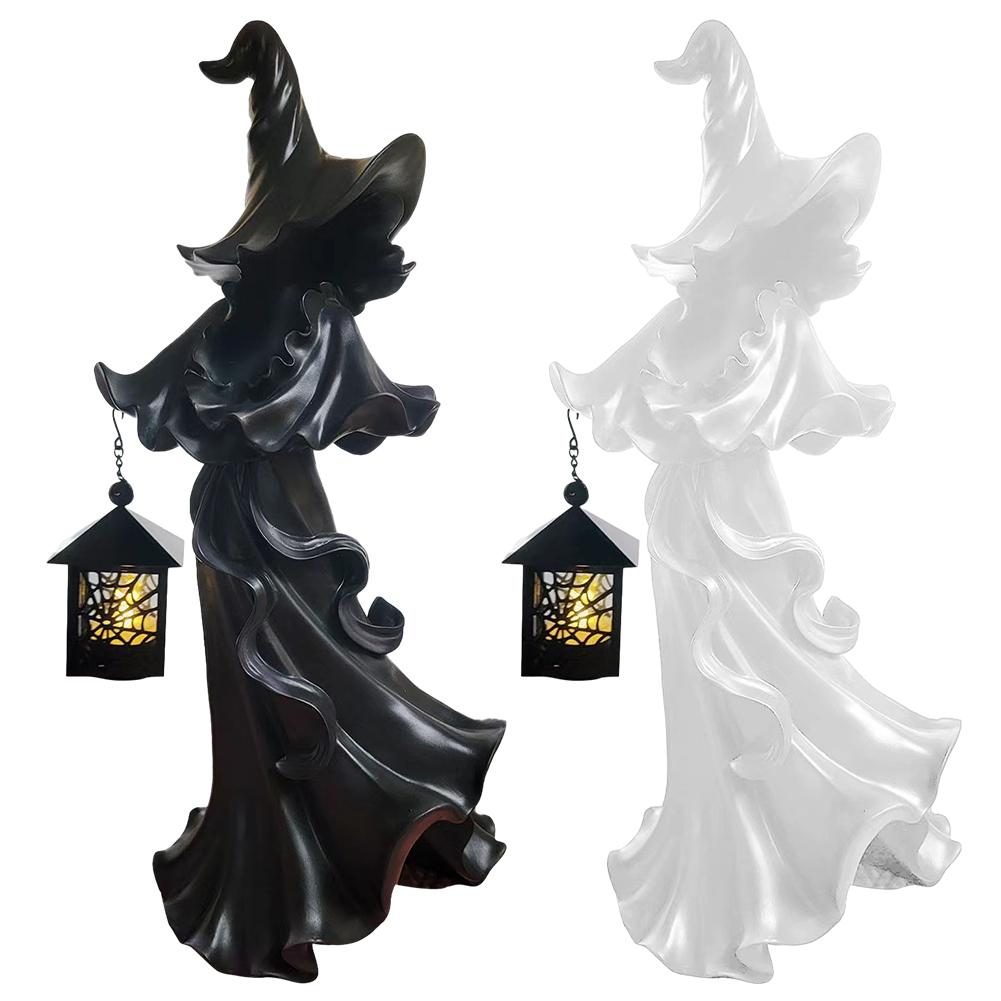 Halloween Witch Ghost Ornament Resin Horror Ambience Carrying Lights Spooky Ghost with Lantern Witch Statue Ghost Sculpture
