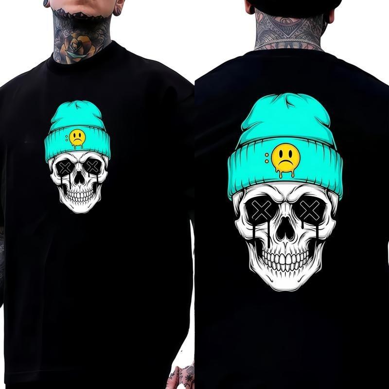 

Mint Green Beanie Double-Sided Skull Print T-Shirt Designer Original Pattern Top 4XL