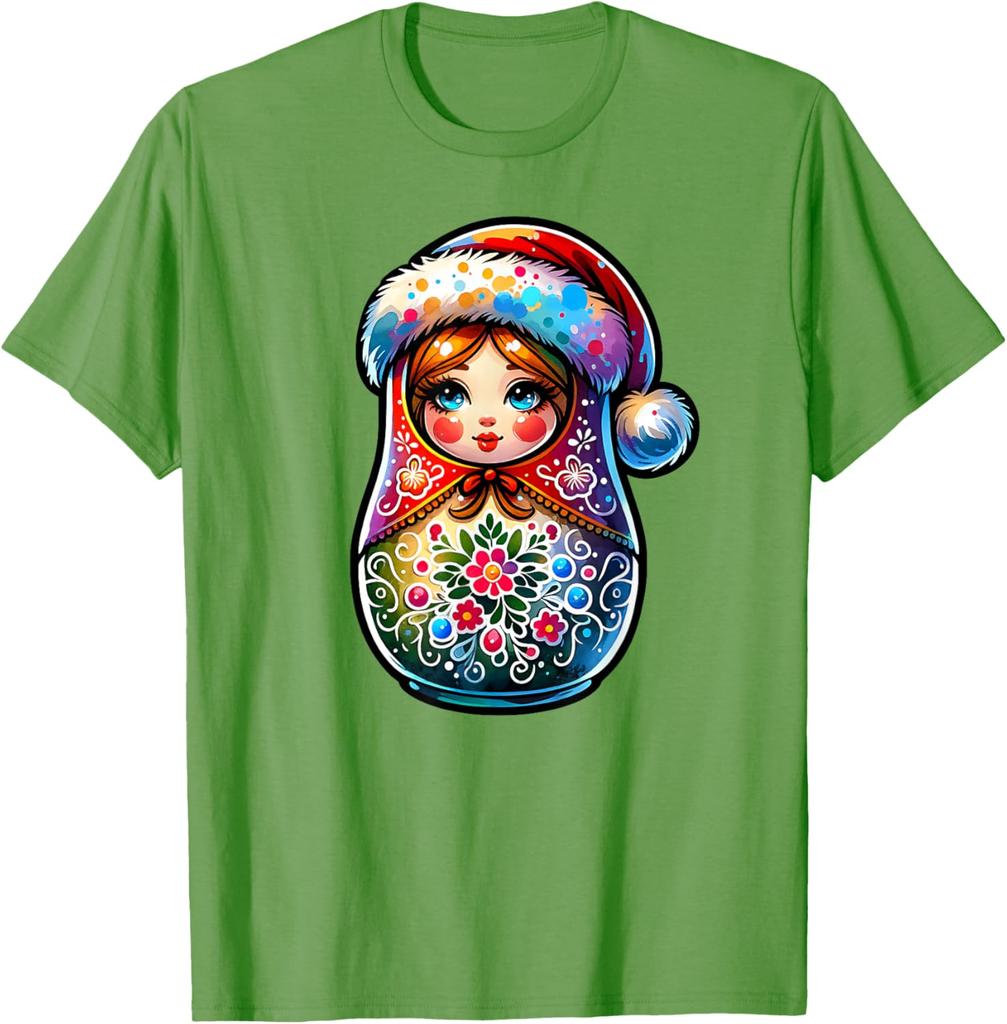 Christmas Matryoshka Doll Graphic Tee Breathable Short Sleeve Casual Round Neck T-Shirt