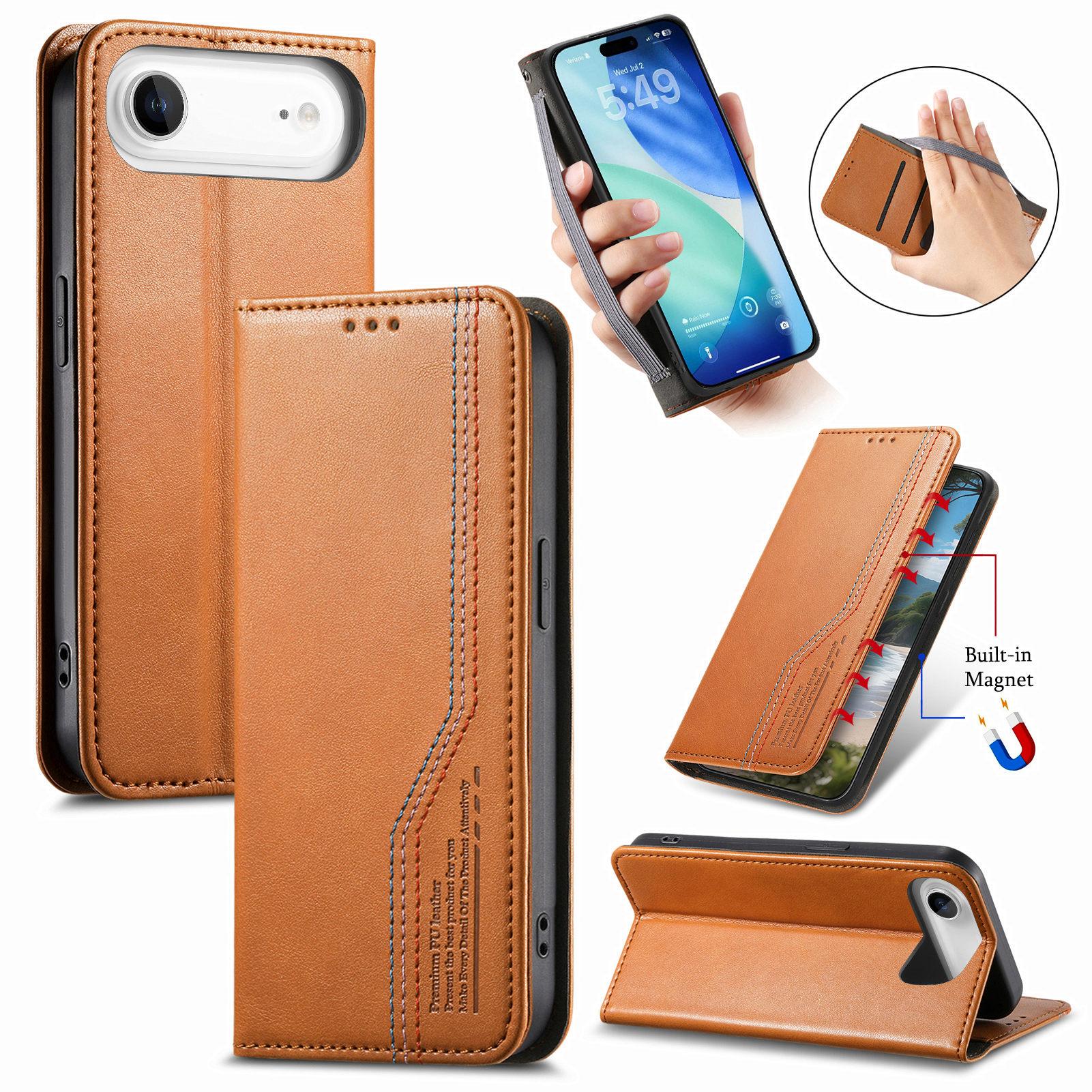 

For iPhone Air Case Wallet Tri-Color Stitching Leather Phone Cover with Elastic Wristband