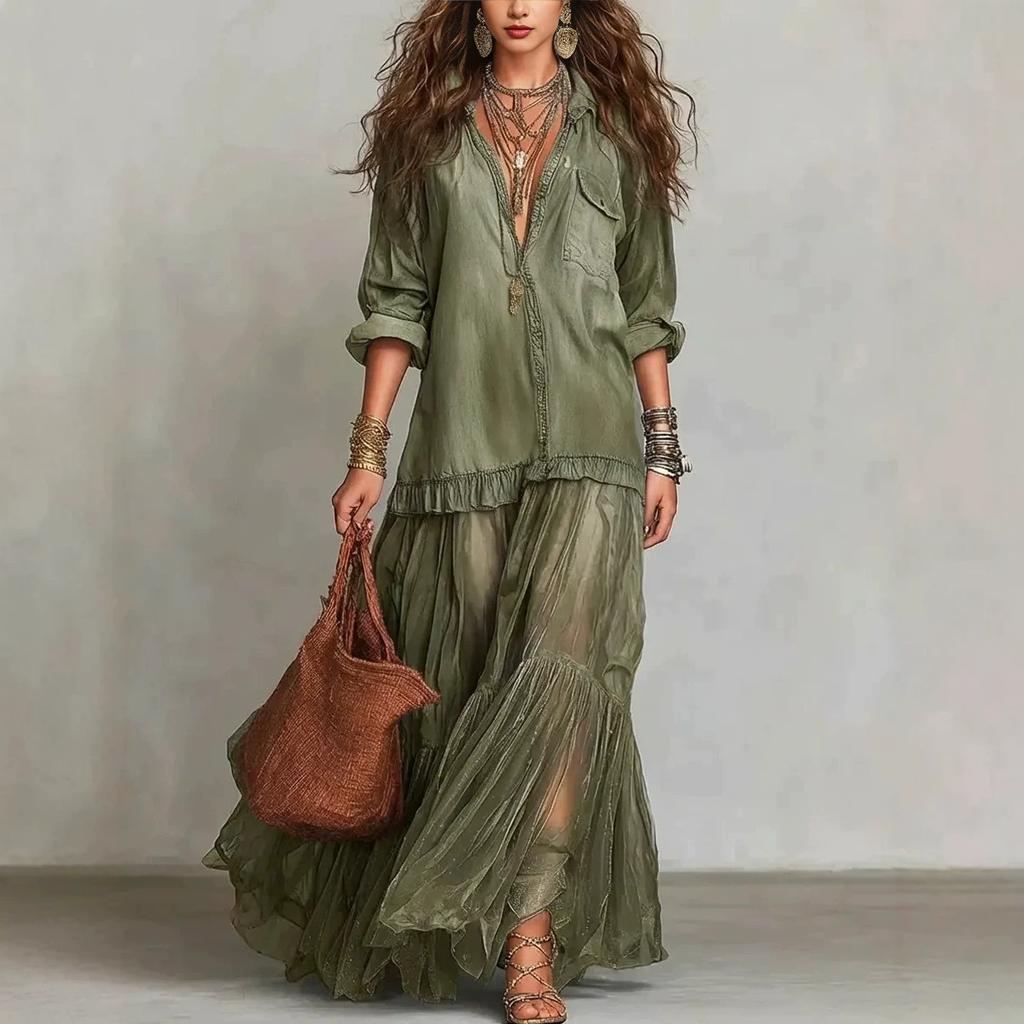 European and American Style Popular Women's Retro Lapel Imitation Denim Dress Casual