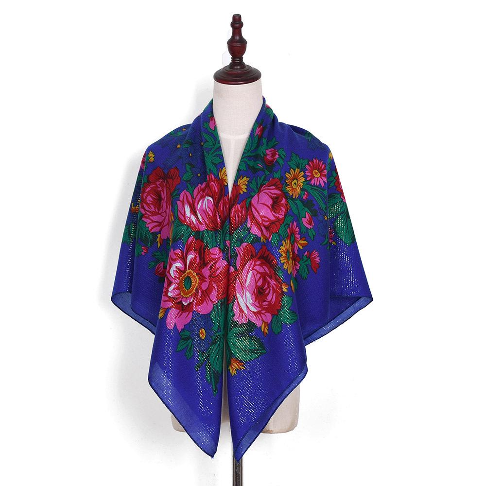 110*110Cm Golden Silvery Wire Russian Square Scarf Women Luxury Floral Print Handkerchief Ethnic Shawl Babushka Bandana Scarves