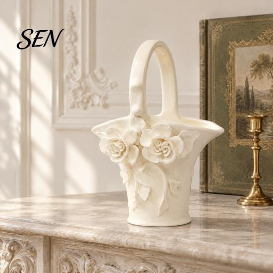 Flower Arrangement Holder PETG Rose Relief Basket, French Pastoral Style Floral Artificial Bouquet Holder, Decorative Vase for Table Centerpiece Home