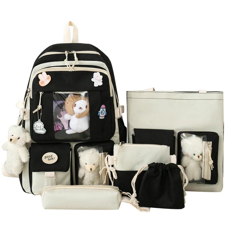 5pcs Sets Children's School Backpack Kawaii Women's Bagpack Bookbag Laptop Bag for Teens Girls  Students Totes Sac