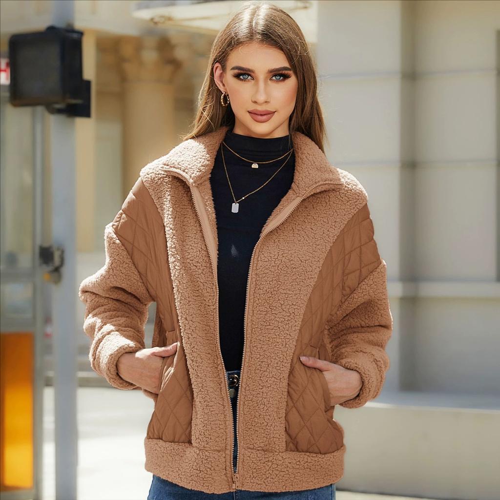 Women's Fall and Winter Long-sleeved Cardigan Zipper Plush Splicing Ladies Short Jacket