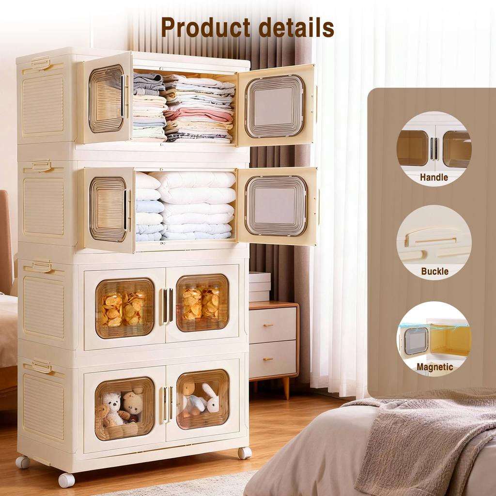 4 Pack Foldable Storage Box with Wheels and Magnetic Doors Stackable Storage Container Plastic Storage Bins for Home and Office