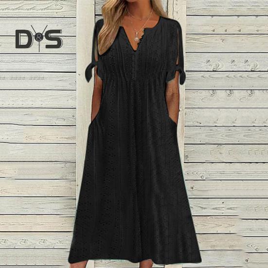 Women's Summer Maxi Dress Boho Eyelet Button V Neck Tie Knot Short Sleeve Midi Dress Summer Beach Vacation Sundress
