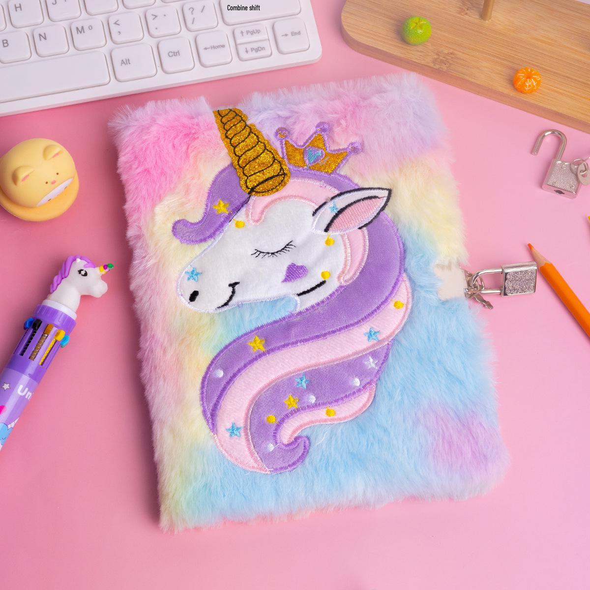 Cartoon Unicorn Tie-Dye Plush Lockable Diary for Girls A5