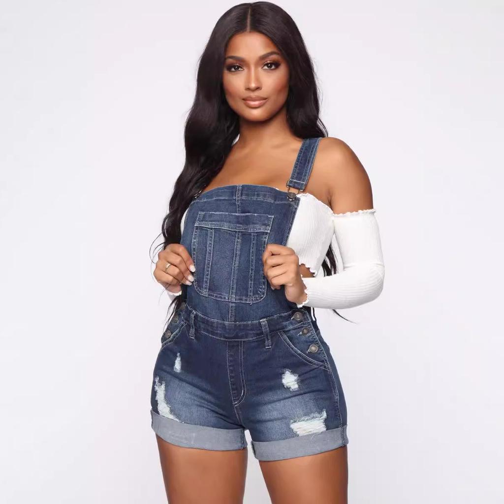 European-American Elastic Ripped Denim Overalls 2019