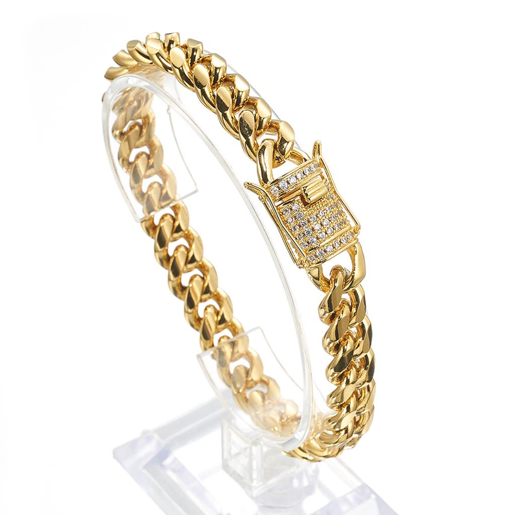 2019 Neuankömmling 8/10/12/14/16/18 mm Edelstahl Miami Curb Cuban Chain Kristallarmband Casting Lock Verschluss Herren Gliederschmuck
