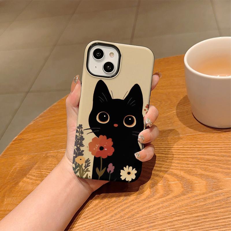 Big Eyed Floral Cute Black Cat Holding Flower Art Film Aesthetic Protective Shockproof Bumper Case Cover For iPhone 14 15 16 Pro Max Plus