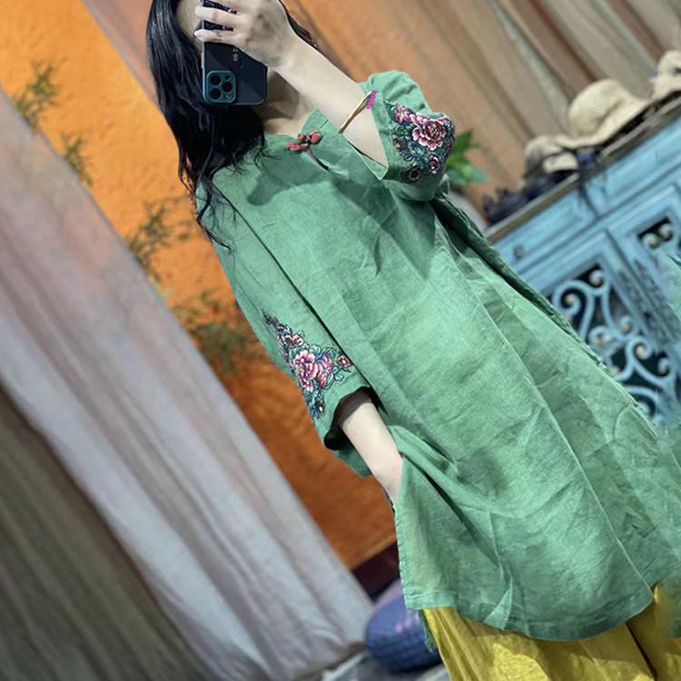 Plus Size Embroidered Cotton Linen Dress with 3/4 Sleeves - Retro Style for Spring and Autumn