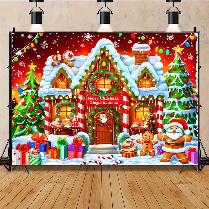 Christmas Background Cloth Equipped with Cookie Statues Gifts Fairy Tale Cottages and a Christmas Tree In the Snow