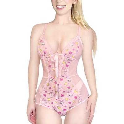 LittleForBig Girls' Lingerie Romper [Rabbit Moon Print] Mesh Lace V-Neck Babydoll Bodysuit, Pink, Size M