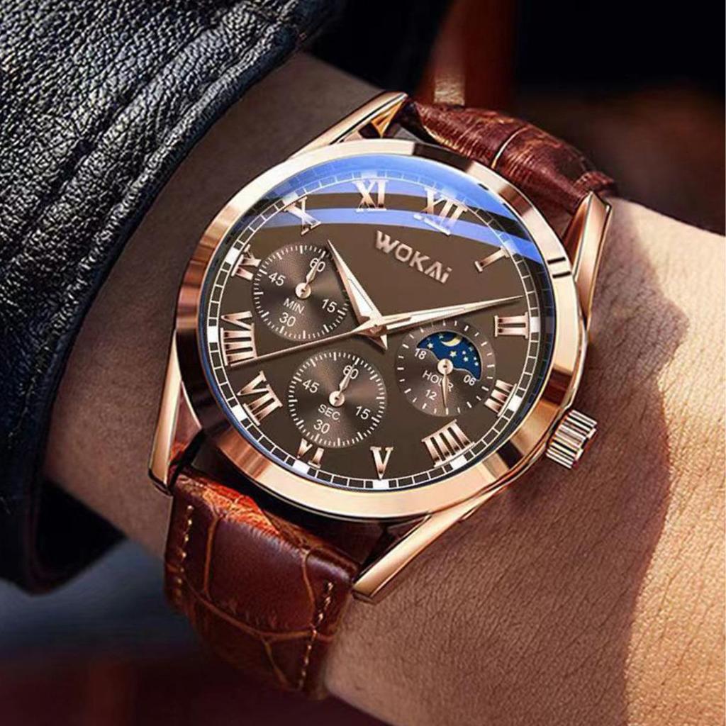 2024 Men's Business Quartz Wristwatch with Wokai Leather Strap & Alloy Case