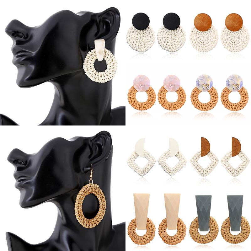 

Лидер продаж, винтажные женские модные элегантные богемные висячие серьги в Корейском стиле, деревянные геометрические украшения из ротанга, круг
