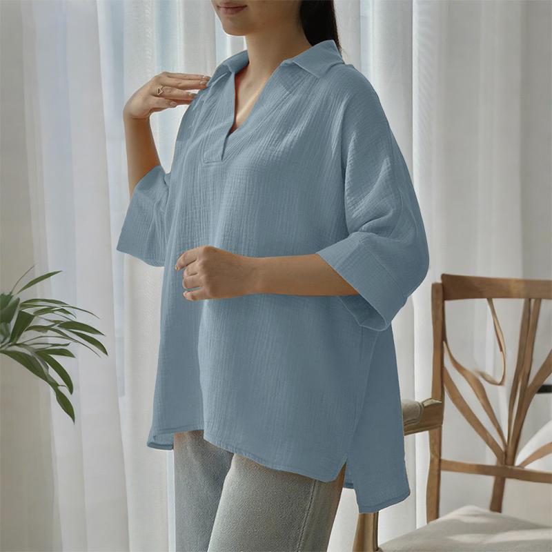ZANZEA Women Classic Collar Loose 3/4 Sleeve Solid Blouse