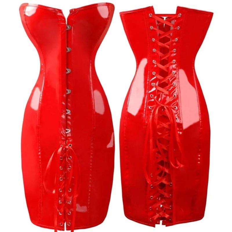PVC Leather Corset Dress Sexy Women Gothic Punk Long Strapless Torso Bustier Body Slim Club Vinyl Latex Mini Dress
