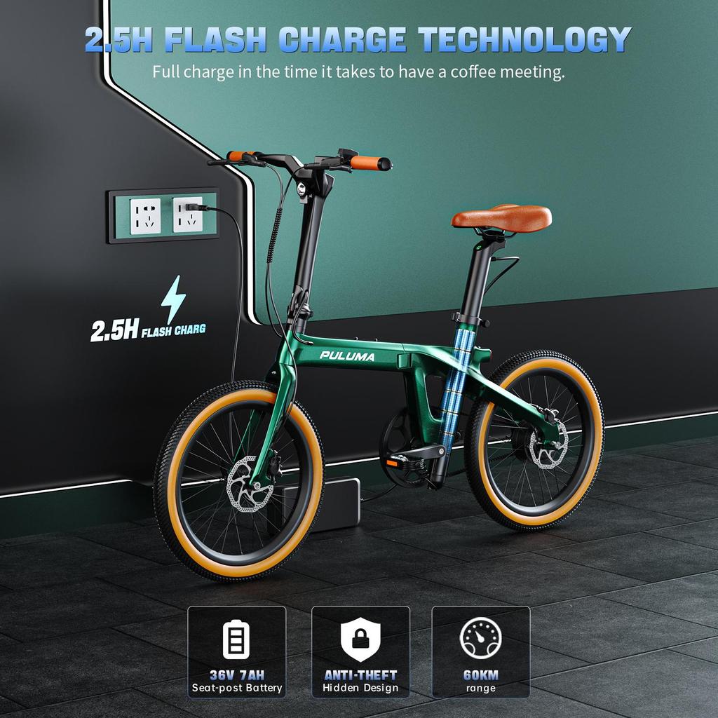 PULUMA PT20 City Commuter Electric Bicycle , Electric Bike 250W Motor , 36V 7Ah Battery, 20x2.0 Inch Tires, Lightweight Folding E-Bike for Adults