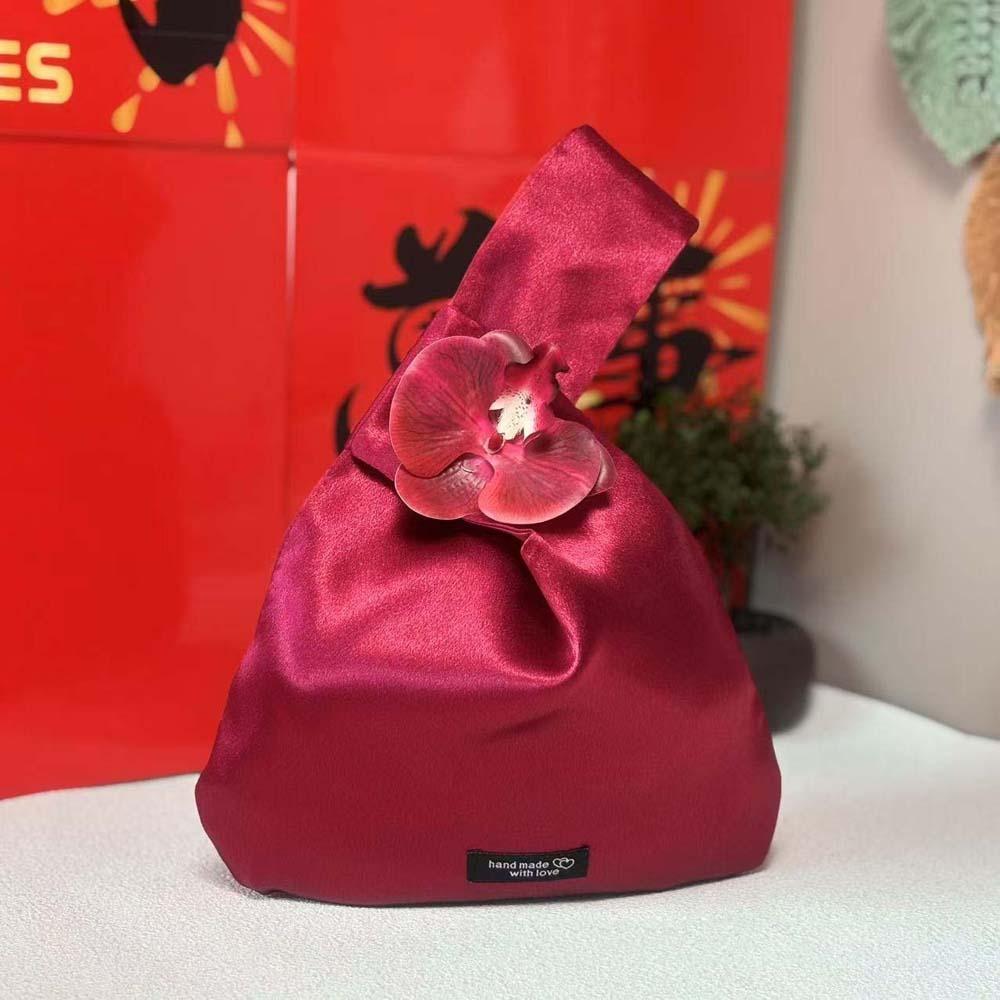

Flower Pendant Tassel Knot Wrist Bag Chinese Characters Xi Pendant Satin Hand-held Pouch Girls Pink