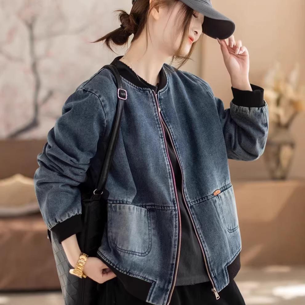 Giacca di Jeans Retro Usurata Stile Coreano con Patchwork a Coste