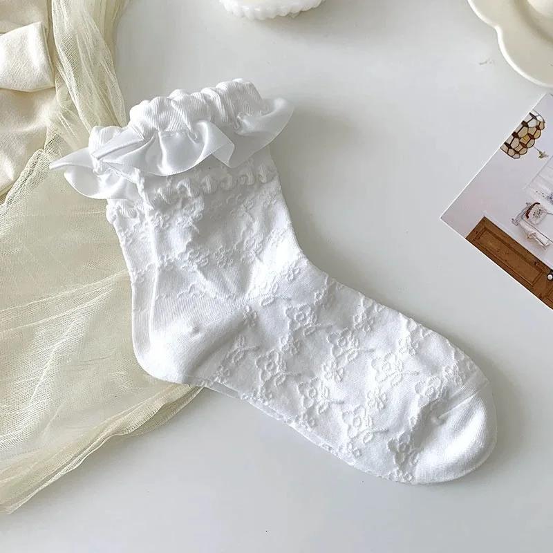 3 Pairs Lolita Socks White Black Lace Girls Socks Middle Tube Japanese College Style Princess Socks Sweet JK Streetwear Hosiery